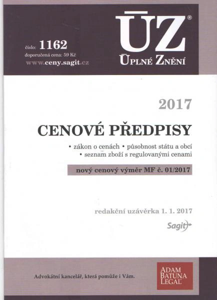 ÚZ č.1162 Cenové předpisy 2017 Nakladatelství Sagit ÚZ č.1162 Cenové předpisy 2017 Nakladatelství Sagit